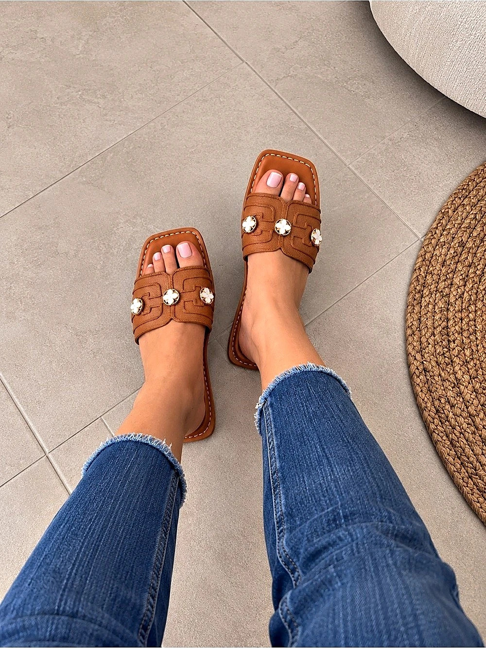 Brown Square Toe Slide Sandals with Floral Gold Hardware EU 38